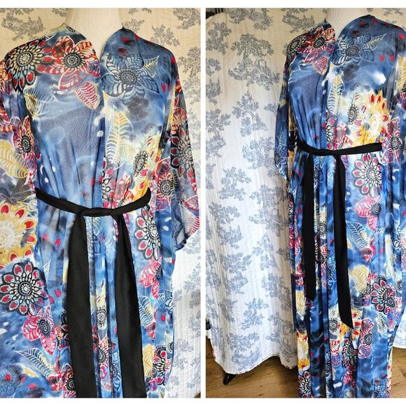 Retro Style Caftan Sheer Blue Floral S to Plus New - Picture 9 of 11